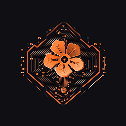 a clean vector logo of a technological flower, orange accents, circuit board undertones, elegant