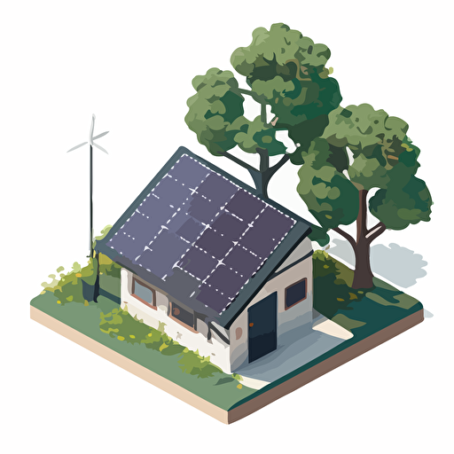 Simplified vector image from 2 colors of a workshop with trees and photovoltaic panels on the roof, white background