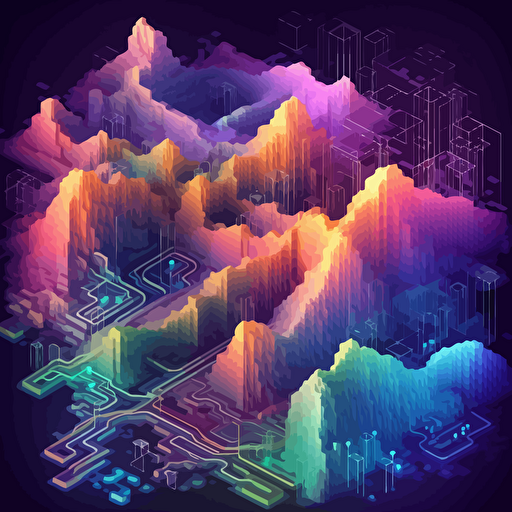 visualize multilevel data connection map as iridescent geometric overlay, isometric, vector shapes, nature terrain theme, magical