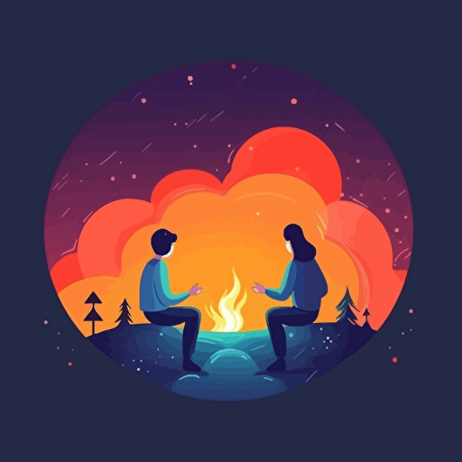 colorful comic illustration of bonfire over conversation, colorful vector, game ui design, simple colors, clean background, simple abstract illustration style, premium