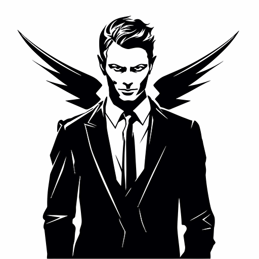 lucifer, looking at the camera, minimal, outline strokes only, black and white, logo, vector, white background