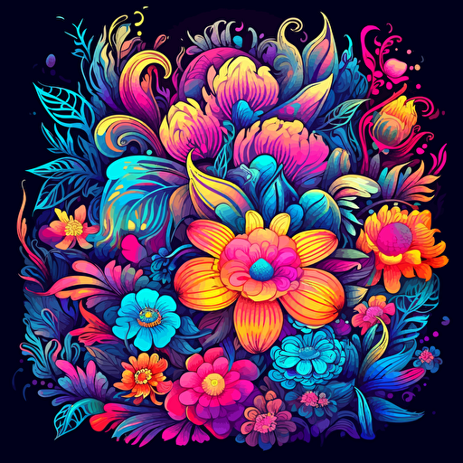 dozens of flowers, surrounded by elegant colorful motifs, 2d vector, neon colours, epic composition, vector design on the edges of the image