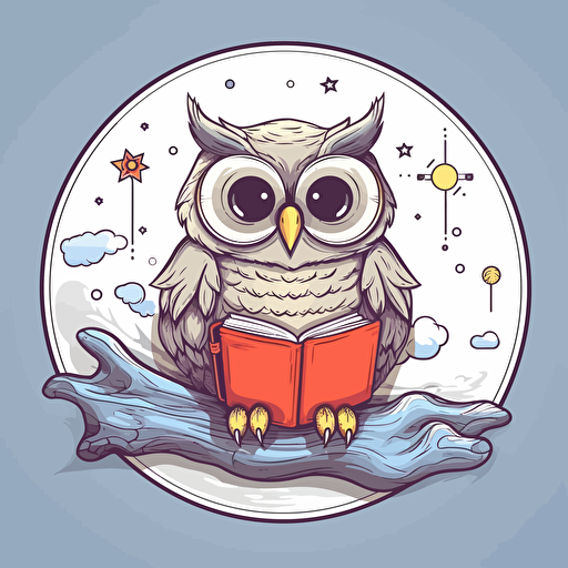 happy relax owl reading a book, vector, illustration for sticker, illustrator, vector art illustration style, grey background, high resolution,
