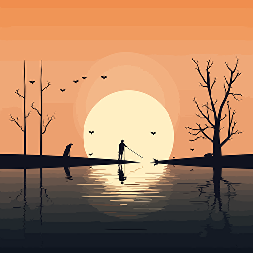 primitive humans fishing with spears along the shore as the sun is setting and the moon is rising, minimalist design, vector