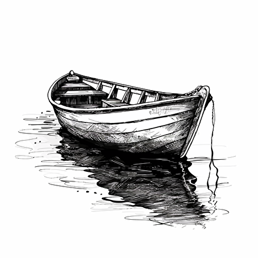 illustration of a boat on water, black ink, vector isolated on white