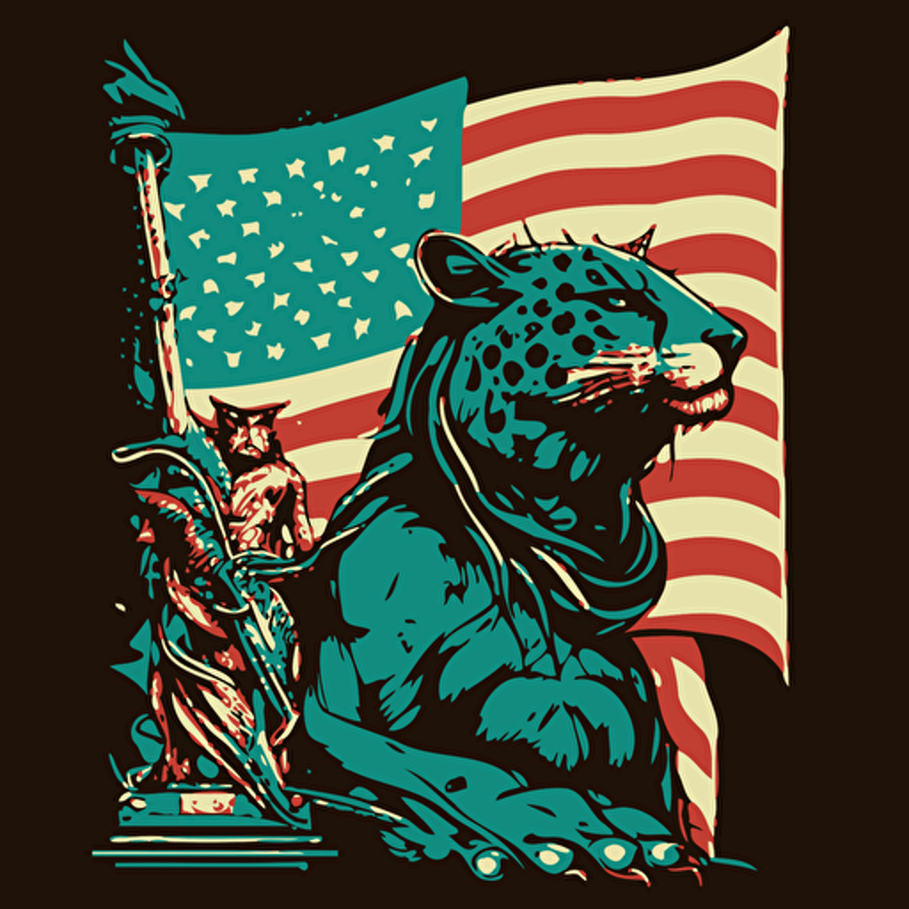 vector mascot style statue of liberty stands next to a jaguar american flag background