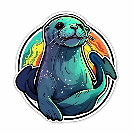 sea lion, Sticker, Happy, Dark, mural art style, Contour, Vector, White Background, Detailed