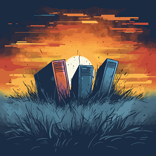 a vector image of books growing in a field, blue and orange and dark gray, graffiti style