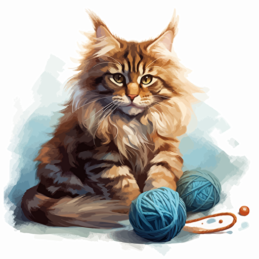 an adorable chestnut maine coon with sky blue eyes playing with a ball of yarn and snarling, vector art