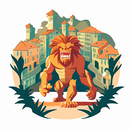 funny manticore in the bad part of the city, vector logo, vector art, emblem, simple cartoon, 2d, no text, white background