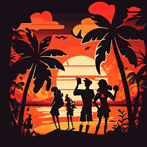 Disney cartoon style, lo-fi art illustration, party in Hawaii at sunset, contrast colors, shadows, good vibes, happy, tropical, vector,