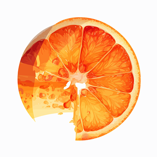 an orange cut in half glowing radioactively + vector drawing + brilliant colors + flat white background