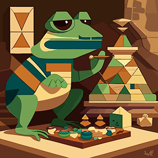 Inspired by the Cubist style, design a vector illustration of KEK (in his frog form similar to Pepe the Frog) participating in a traditional Egyptian ceremony. Set the scene using geometric shapes and a limited color palette in an ancient Egyptian setting. KEK observes the ceremony with curiosity.