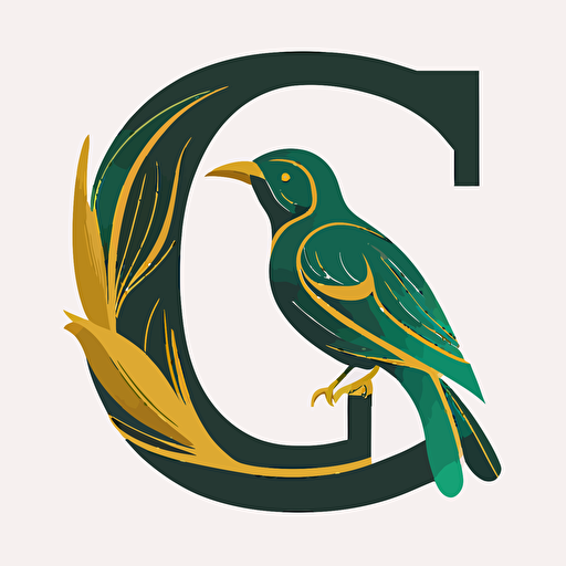 the letter C with a bird as a logo symbol, vector, 2 flat colors, green and gold