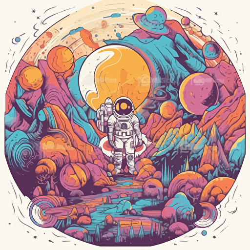 An illustration of a retro-inspired space adventure, featuring a group of astronauts in colorful spacesuits exploring a distant planet filled with surreal landscapes and creatures, vector design, white background, contour.