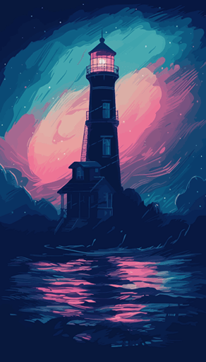 digital art of lighthouse with foghorn in fog in synthwave style, bioluminescence glow in the dark, vector, cosmic background