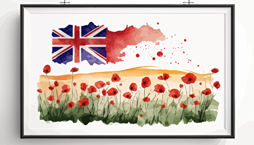 Australian flag in a red poppy field, watercolour, minimalist, vector, contour