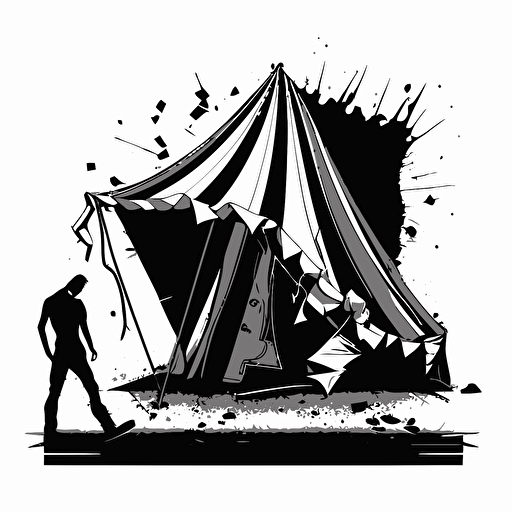 a broken pop-up vendor tent that ripped and one of the tent legs is broken. Black and white vector illustration.