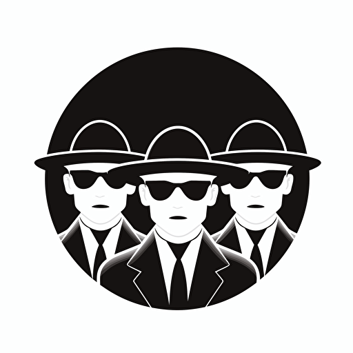 a vector, black and white simple logo showing three men sun glasses in front of a alien spaceship, no background