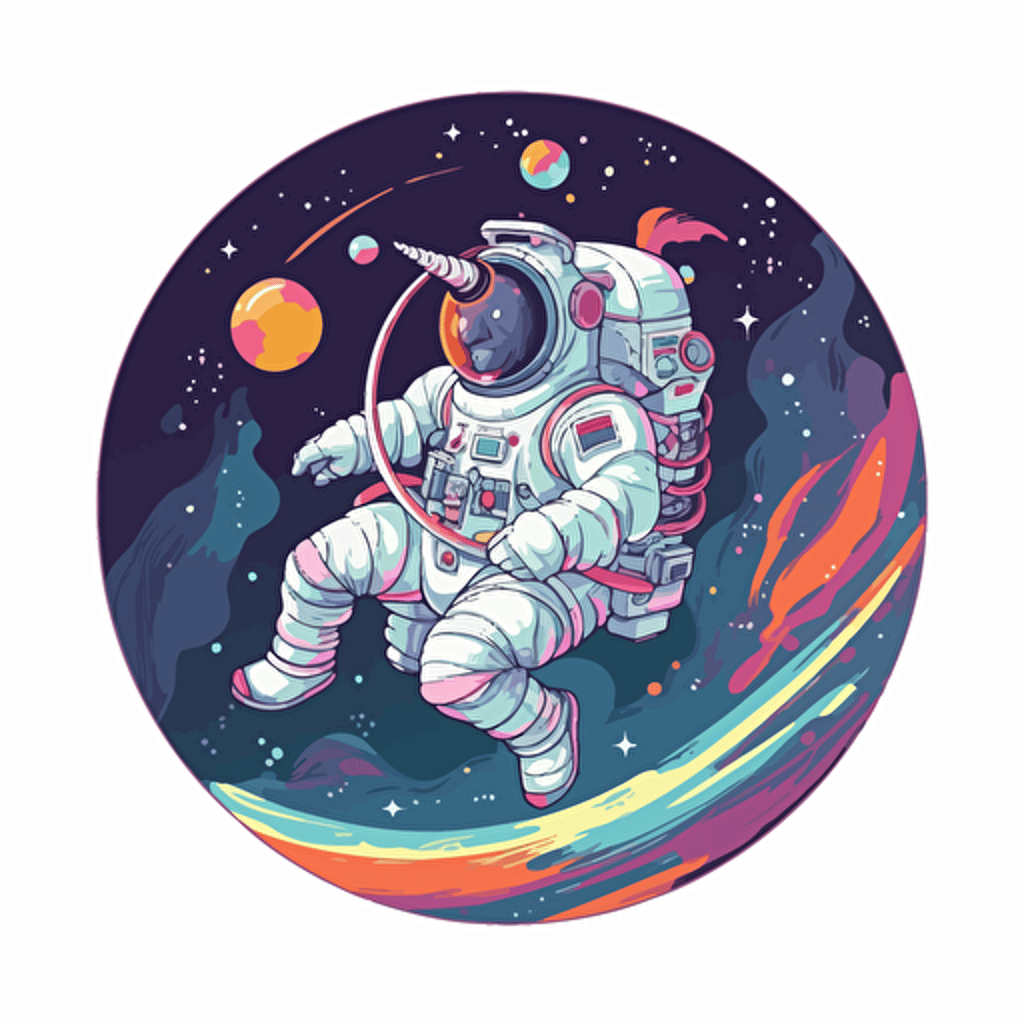 anthropomorphic unicorn dressed as an astronaut suit riding a rainbow wave travelling through outer space, vector style. design in circle. transparent background