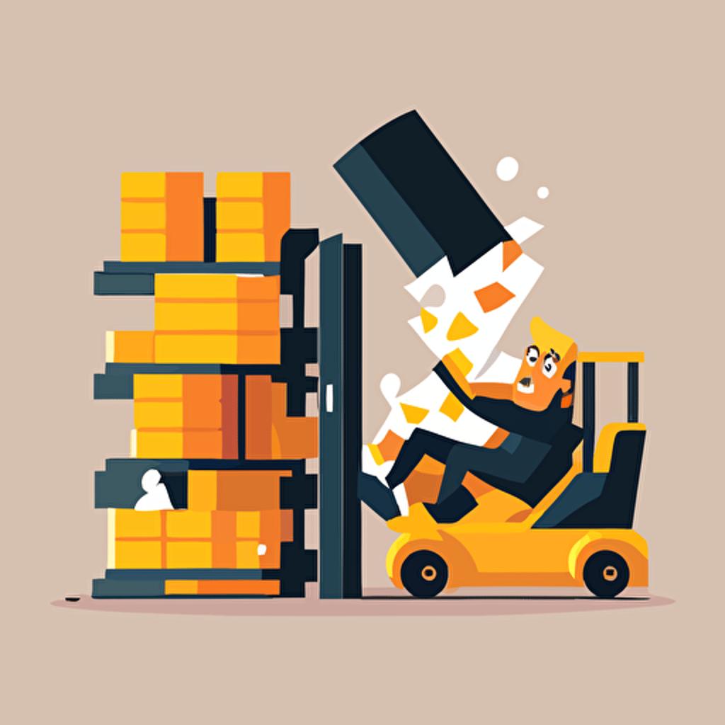 worker crashing forklift into shelving, flat vector illustration