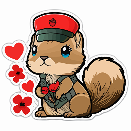 Squirrel in uniform outfit sticker, Kawaii, Clean Colors, Contour, Vector, love, heart, red flowers, White Background, in the style of die-cut stickers