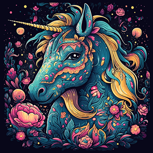 a unicorn in a fantasy theme setting, gothic chibbi unicorn, art style of studio ghibli, detail! Detail! Detail!, new school design cartoon. Vector, 100% black background, ar 2:3