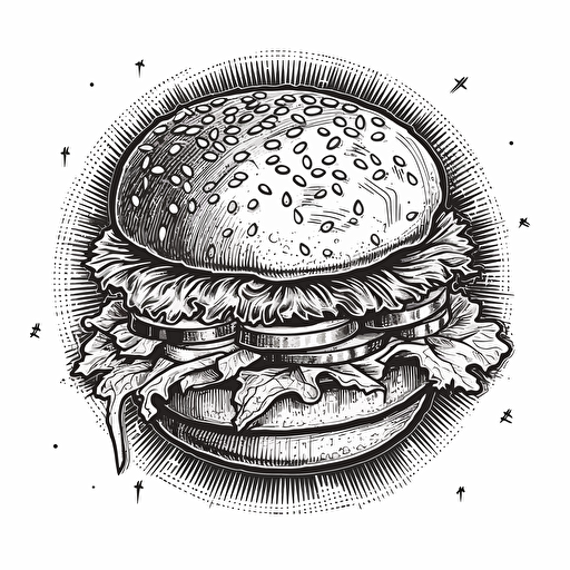 black and white outline vector illustration for a sticker of a classic American burger.