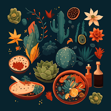 tropical plants flowers and latin Food background designs, [blue, orange, brown, and gold colo scheme here]::3 modern, clean, design, vector, items, food, RTX