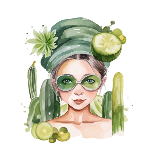 watercolor design of a little girl having a spa, towel in hair, green face mask on, cucumbers on eyes, vector