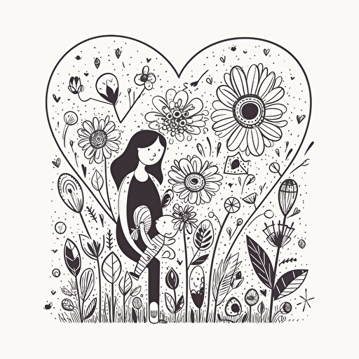 vector motherday children flower love heart black and white minimalist simple clear line draw