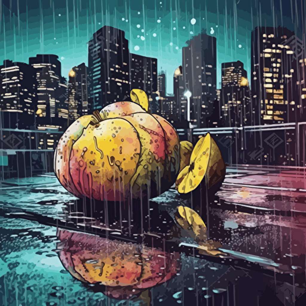 one juicy exotic fruit, urban night scenery, distorted, dimmed lights, depth of field, rough, textured, grainy surface, dusty, vector, colour drips, graffiti, artificial, highres