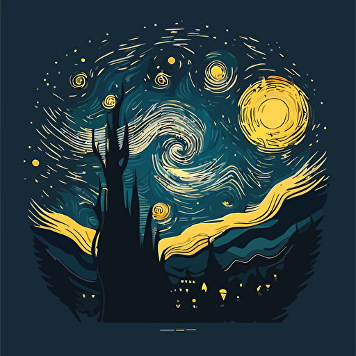 "The Starry Night" by Van Gogh reimagined in a minimalist vector art style, focusing on the swirling shapes and colors of the sky.