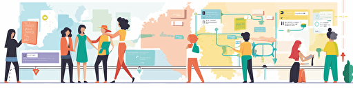 people drawing a roadmap on a long canvas on background, roadmap preseted with post-it and milestones, people with different kinds of skin and hair and gender, fun start-up, colorful vector illustration for slide presentation, flat color palette, true white background