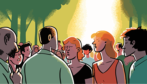 Vector Art, WIDE ANGLE shot with considerable depth of field between the foreground and background. The Sun is starting to set on a warm summer day. Soft, richly colored image focusing on a small group of modern day Christians of all ages and genders, who've gathered casually to pray, They are attired for the summer. They are huddled together, with heads bowed, praying and holding each other's hands facing the beautiful sun as it begins to set on the horizon.