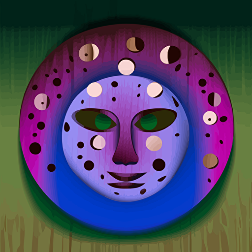 wooden face mask, circle background, vector style, brown, green