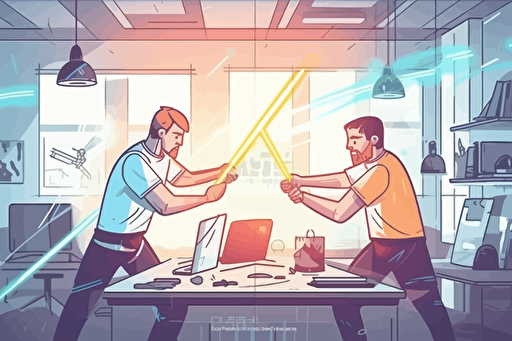 lightsaber battle in an office between 2 employees, flat style illustration for business ideas, flat design vector, industrial, light and magical, high resolution, entrepreneur, colored cartoon style, cad( computer aided design) , white background