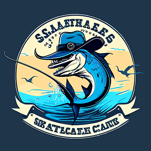 Logo retro design for an offshore fishing and scenic boating charter company called "Saltwater Cowboy Charters" that features a large cartoon style blue marlin with a cowboy riding on his back, while smilling wearing sunglasses, flat, vector, 2D