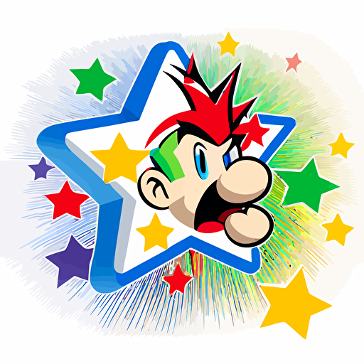 a mario 64 superstar, 2d, in the style of a takashi murakami, shooting stars white background, 5 sided stars, vector