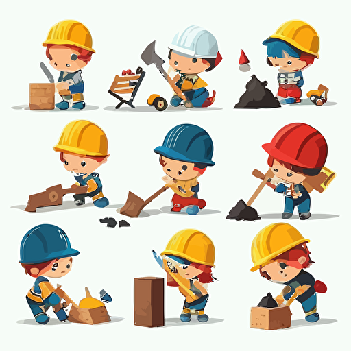 Little Builders Wearing Hard Hat with Construction Tools Executing Work Vector Set, , isolated, white background