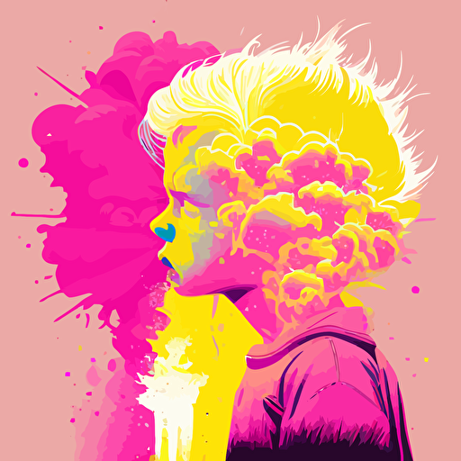 pink,yellow,vector,fantasy,face,young boy blowing a nuclear dust