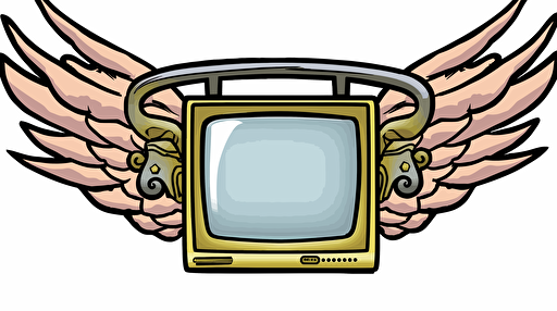 A television with wings zooming through clouds, Sticker, Adorable, Tertiary Color, Pixar, Contour, Vector, White Background, Detailed::