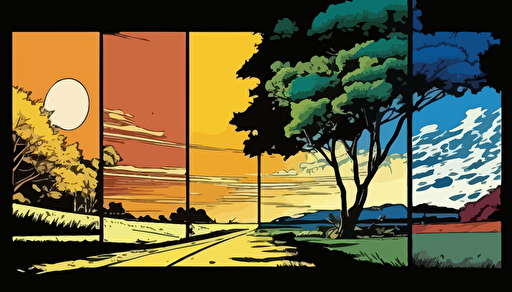 a panel from a Shōnen manga depicting a panel from a Shōnen manga depicting a sunrise and sunset, iterative, in a park, time moving quickly, months passing by, scene in the suburbs, color pop, flat vector art, bright colors, high resolution