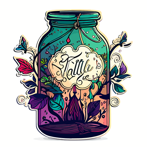 Spell jar, Sticker, Lovely, Vibrant Color, Folk Art, Contour, Vector, White Background, Detailed