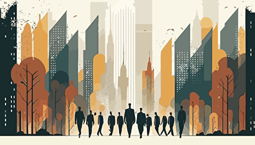 corporate people walking, skyscrapers landscape, flat vector art style, illustration, very detailed, by Keith Negley,