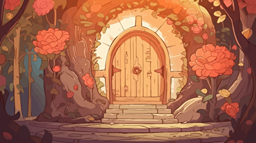 Cozy fantasy portal surrounded by Large curved wooden doorframe with portal leading to other dimension in daytime, close up, with colorful flowers and trees with leaves blowing through the doorway. Vector illustration. 2D hand drawn cartoon animation style with bright colors.