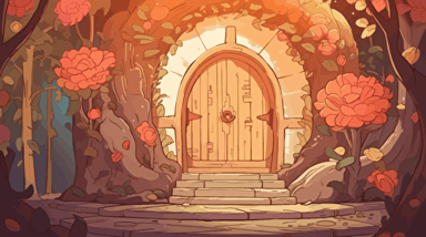Cozy fantasy portal surrounded by Large curved wooden doorframe with portal leading to other dimension in daytime, close up, with colorful flowers and trees with leaves blowing through the doorway. Vector illustration. 2D hand drawn cartoon animation style with bright colors.