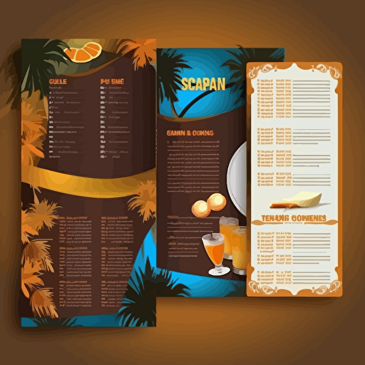one page menu, Restaurant, cuban latin caribbean Food business menu designs, palm tree, [blue, orange, brown, gold color scheme here]::3 modern, clean, design, vector, items, food, RTX