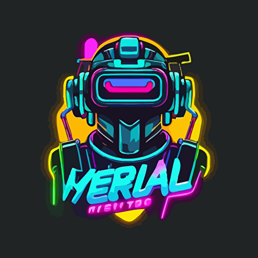 flat logo of a robot wearing a VR headset, vectorized, neon colors, used for a company that provides VR experiences