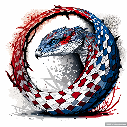 vector art of a diamondback rattlesnake, red, white and blue harsh contrast lighting circle frame white background niji 5